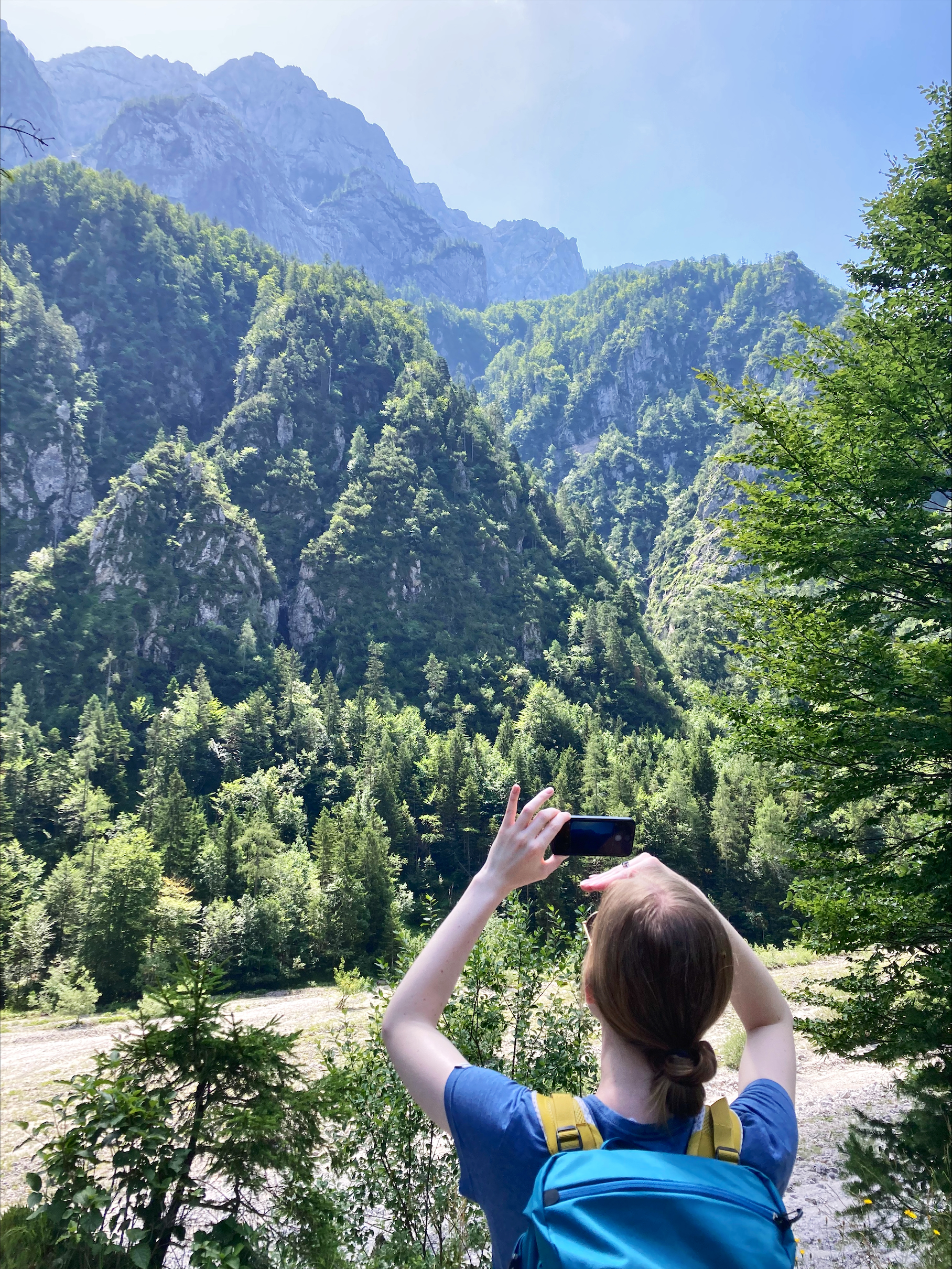 A landscape with mountains and trees. A person stands in the foreground taking a photograph of it on their phone