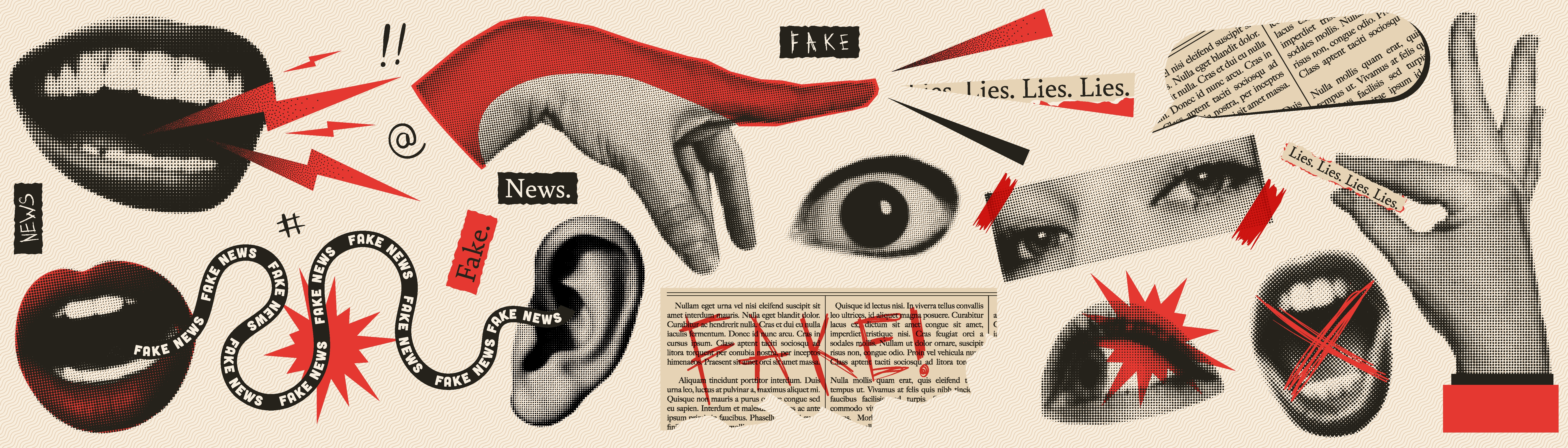 Illustrasjon viser øyne, munner, pekende fingre, ordet "fake" 