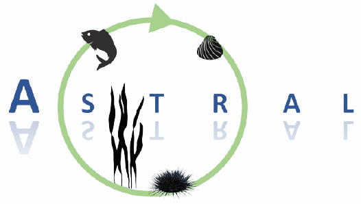 Logo formet som en sirkel med fisk og skjell med teksten Astral