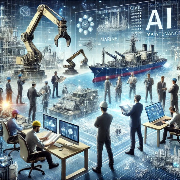 Illustration of different industry like shipyards,  with AI signs in the background