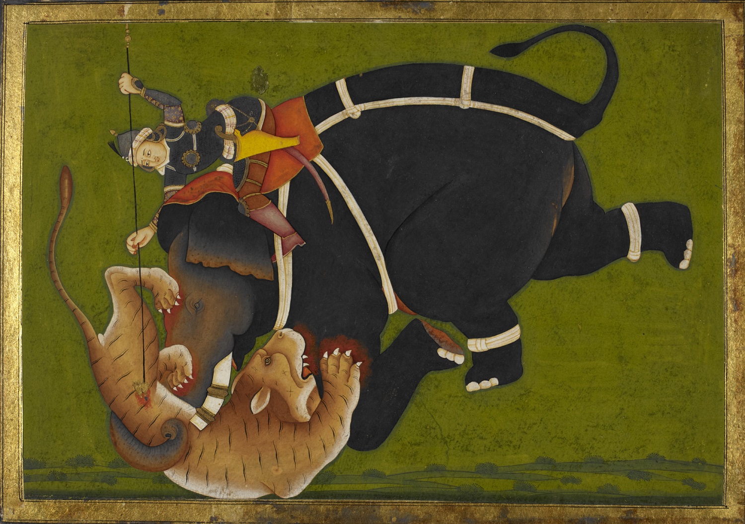 A painting of an elephant and rider trampling a tiger