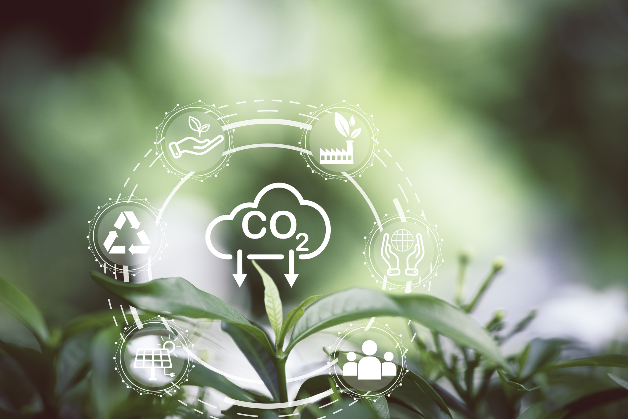 Green leaf and CO2 reducing icon with environment social governance for decrease carbon dioxide emission ,carbon footprint and carbon credit to limit global warming from climate change concept. stock photo