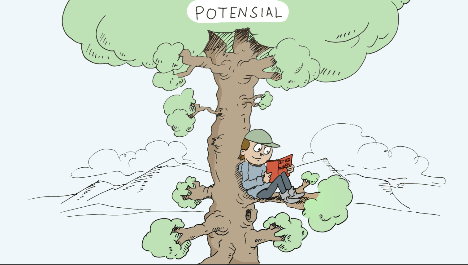 Illustrasjon: Gutt sitter på en gren i et stort tre og leser. Treet er merket "potensial".