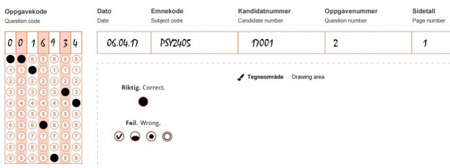 Picture of a correct filled out Scantron sheet.