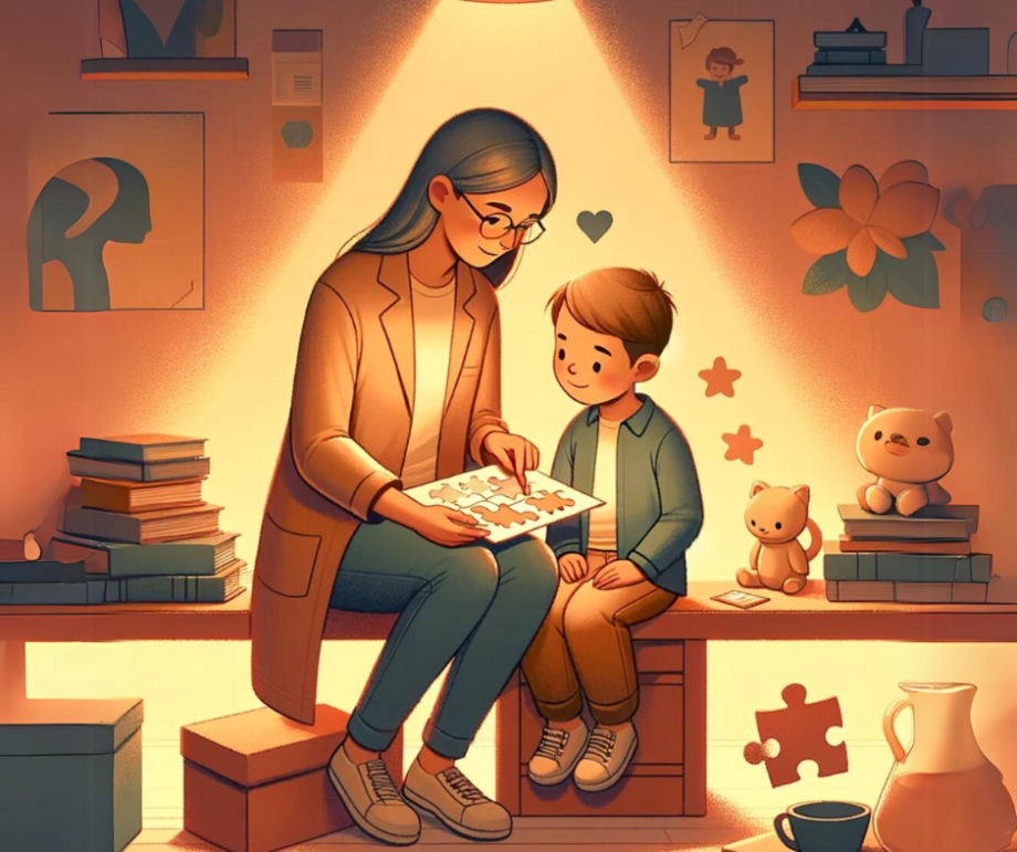 KI-generert tegning av kvinne som leser for et barn