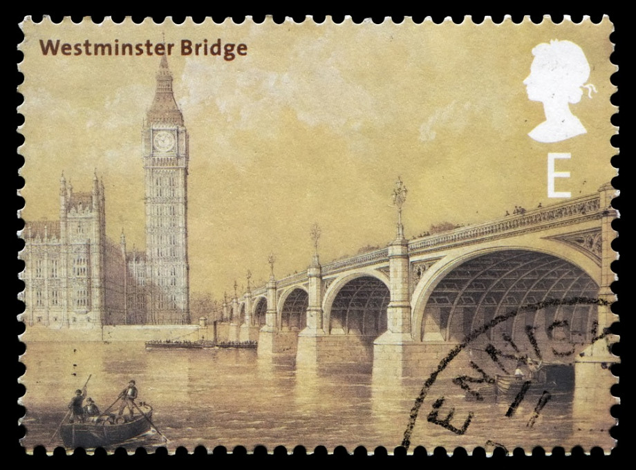 A UK stamp featuring an image of London Bridge and the tower of Big Ben