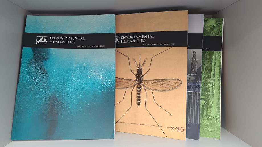 Issues of the journal "Environmental Humanities" on a shelf